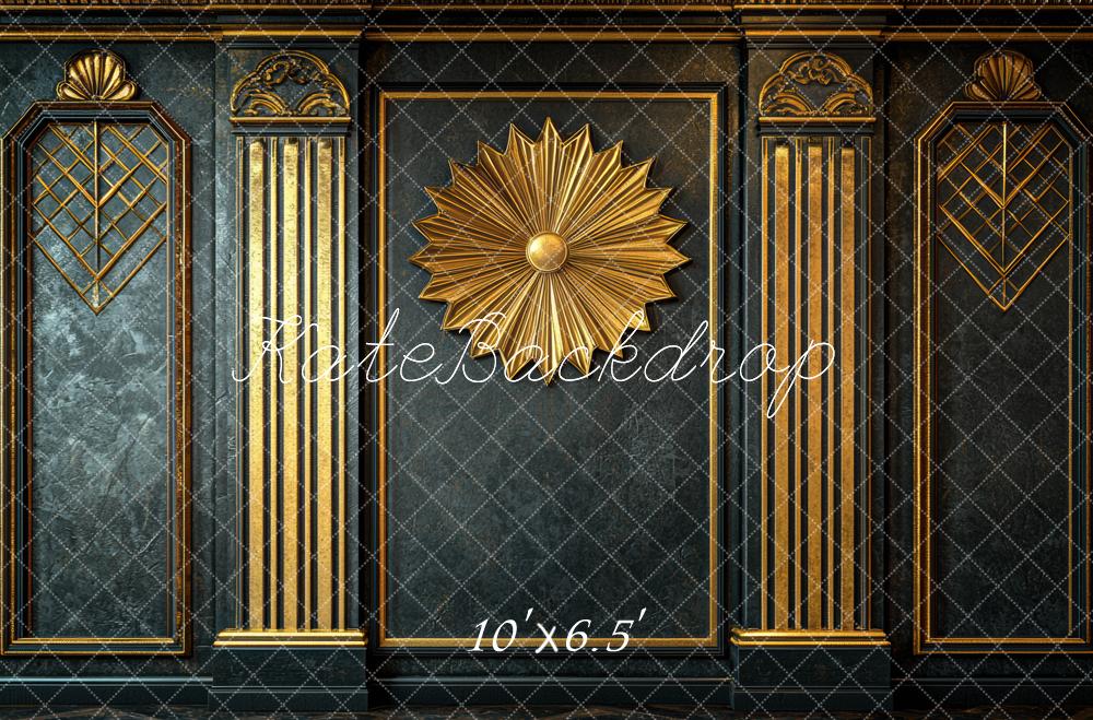 Kate Art Deco Goldene Verzierung Schwarz Hintergrund Entworfen von Mini MakeBelieve - Kate Backdrop.de