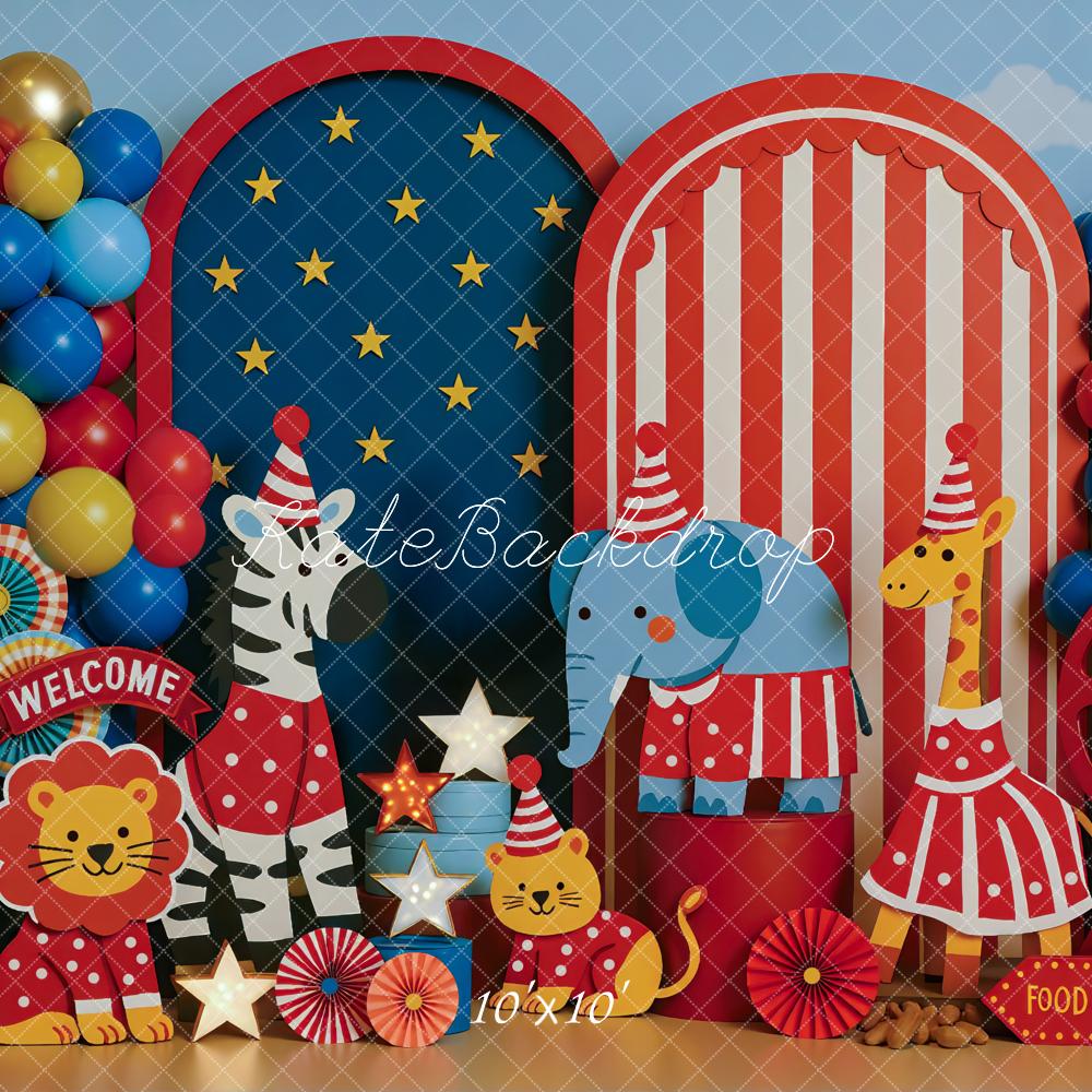 Kate Circus Tiere Luftballons Rot Blau Hintergrund Entworfen von Mini MakeBelieve - Kate Backdrop.de