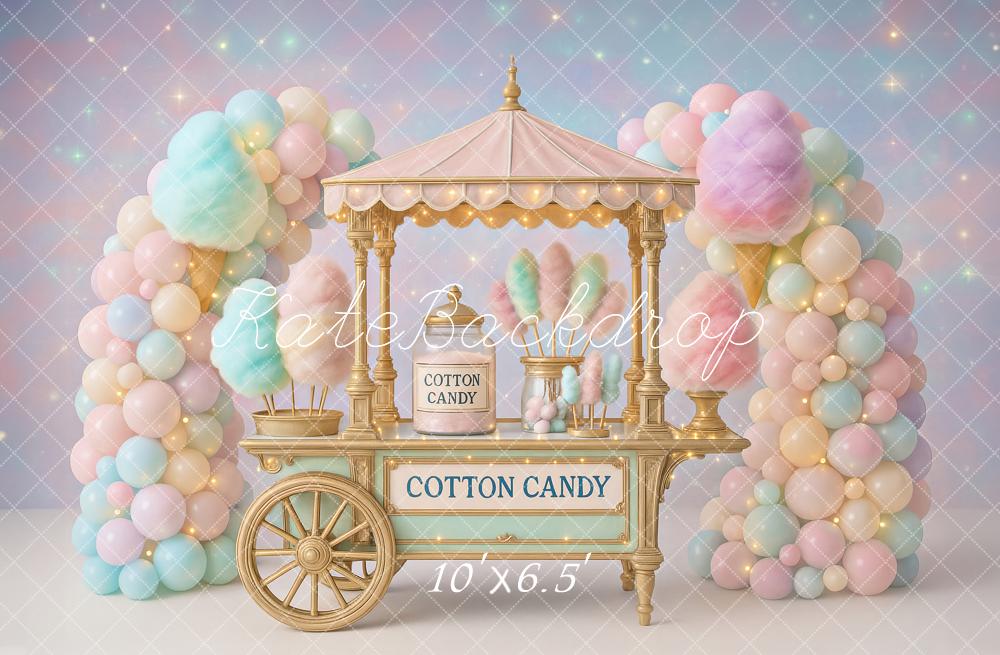 Kate Geburtstag Zuckerwattewagen Ballons Pastell Hintergrund Entworfen von Ashley Paul - Kate Backdrop.de
