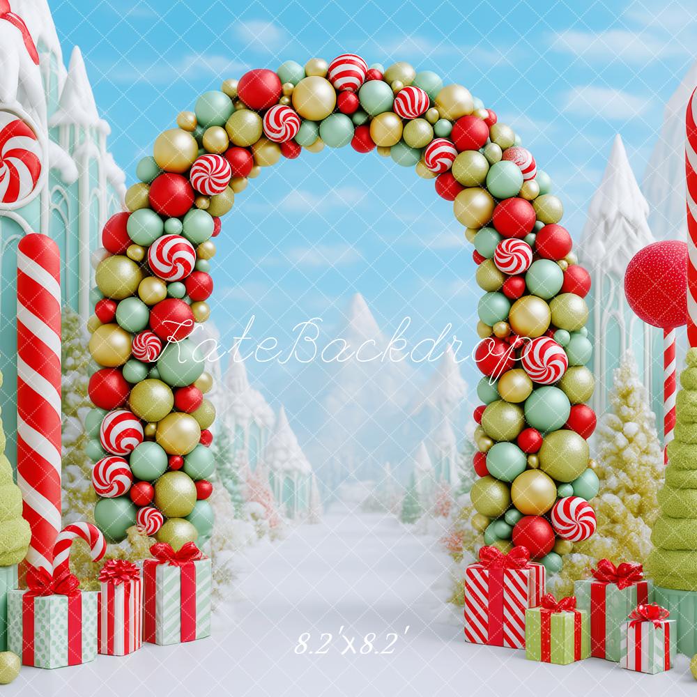 Kate Weihnachten Süßigkeitenbogen Schneelandschaft Bunt Hintergrund Entworfen von Patty Roberts - Kate Backdrop.de
