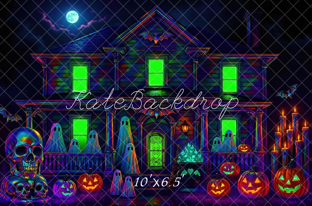 Kate Halloween Spukhaus Kürbisse Neon Hintergrund Entworfen von Mini MakeBelieve - Kate Backdrop.de