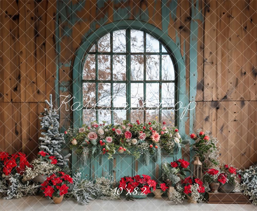 Kate Weihnachten Fenster Blumen Holz Hintergrund Entworfen von Laura Bybee - Kate Backdrop.de
