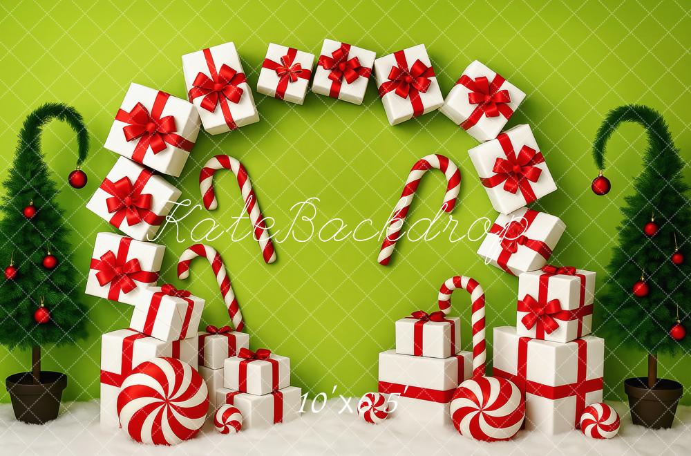 Kate Weihnachten Geschenke Zuckerstangen Grün Hintergrund Entworfen von Patty Roberts - Kate Backdrop.de