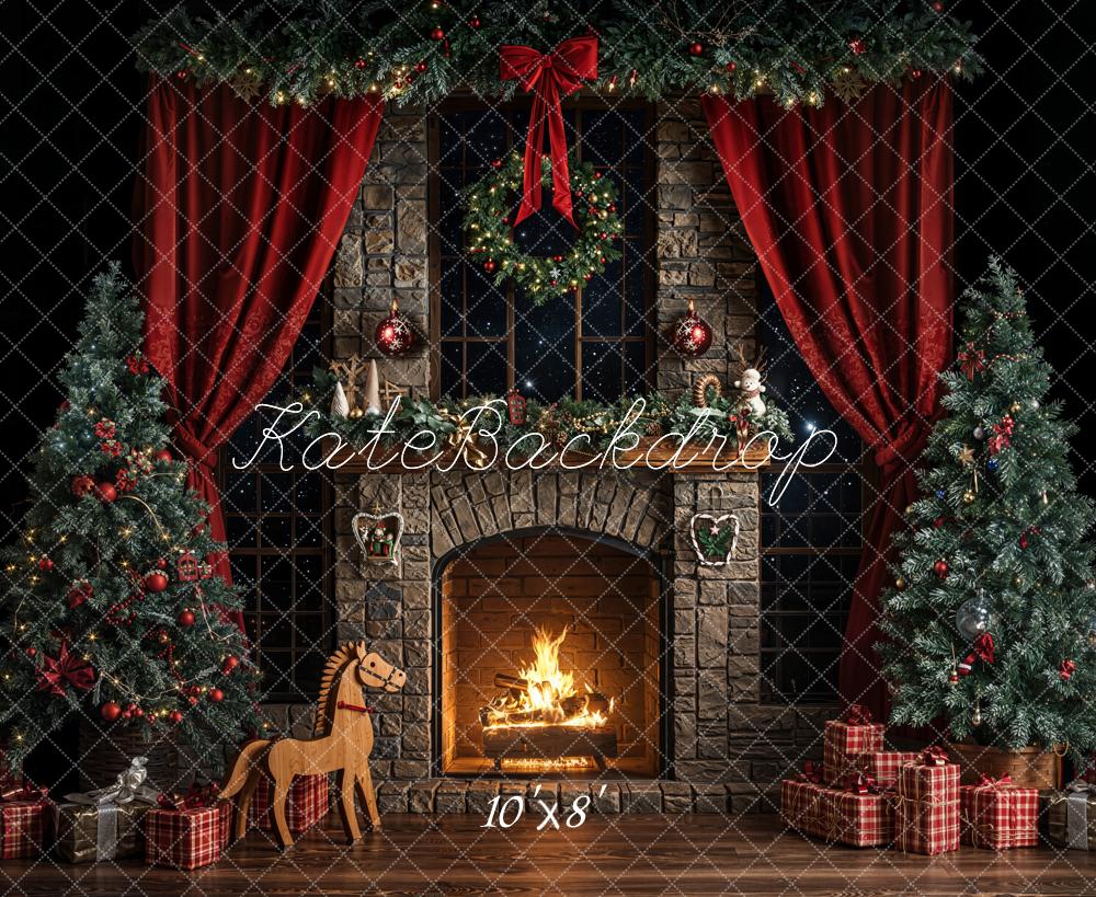 Kate Weihnachten Kamin Weihnachtsbaum Rot Fleece Hintergrund Entworfen von Emetselch - Kate Backdrop.de