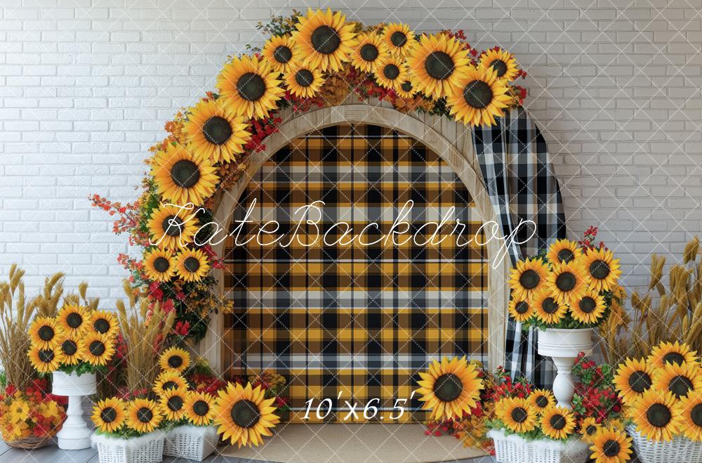 Kate Herbst Sonnenblumen Bogen Kariert Hintergrund Entworfen von Mini MakeBelieve - Kate Backdrop.de