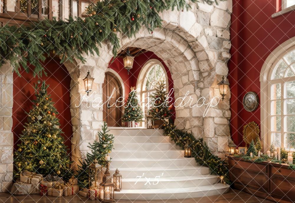 Kate Weihnachten Steintreppe Weihnachtsbaum Rot Hintergrund Entworfen von Emetselch - Kate Backdrop.de