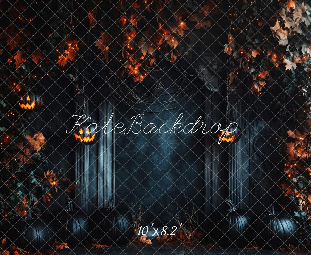 Kate Halloween Kürbis Lichter Blätter Dunkel Hintergrund Entworfen von Patty Roberts - Kate Backdrop.de