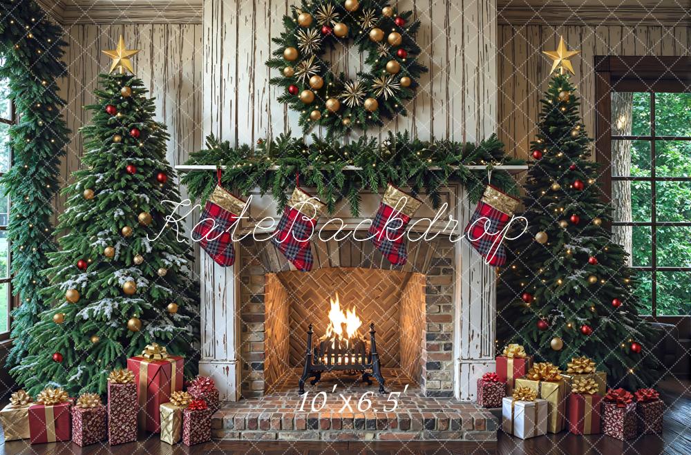 Kate Weihnachten Kamin Weihnachtsbaum Rustikal Hintergrund Entworfen von Mini MakeBelieve - Kate Backdrop.de