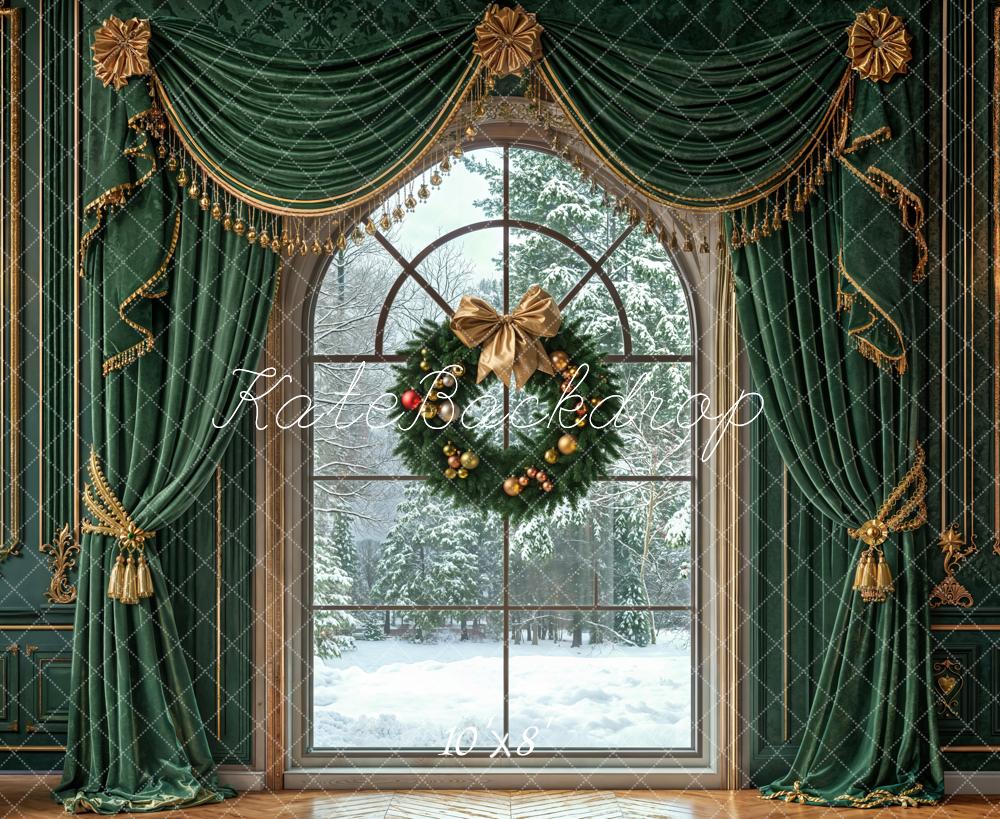 Kate Weihnachten Fenster Kranz Grün Fleece Hintergrund Entworfen von Emetselch - Kate Backdrop.de