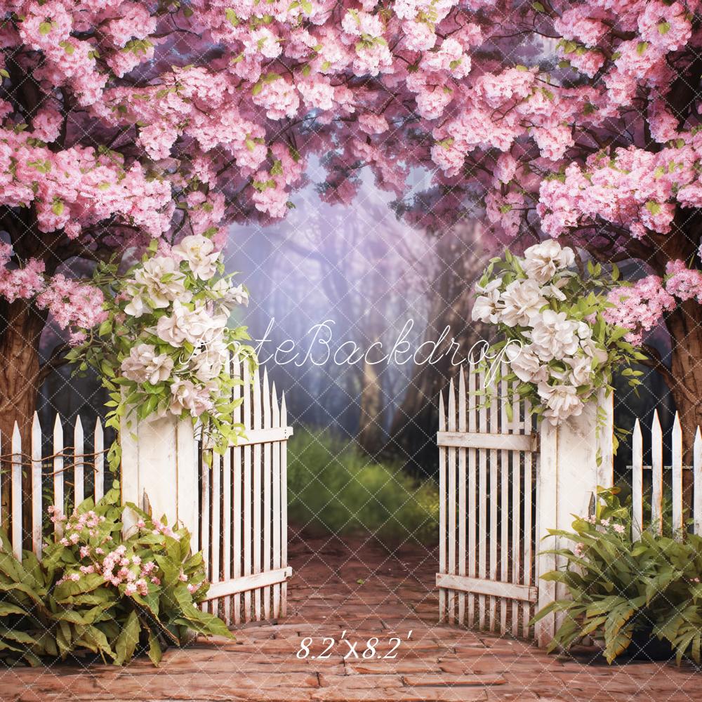 Kate Frühling Blüten Weißer Zaun Romantisch Hintergrund Entworfen von Emetselch - Kate Backdrop.de