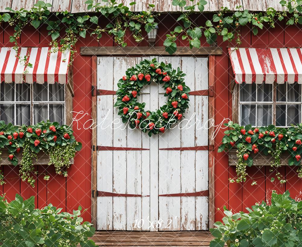 Kate Sommer Erdbeeren Fenster Holztür Rustikal Hintergrund Entworfen von Emetselch - Kate Backdrop.de