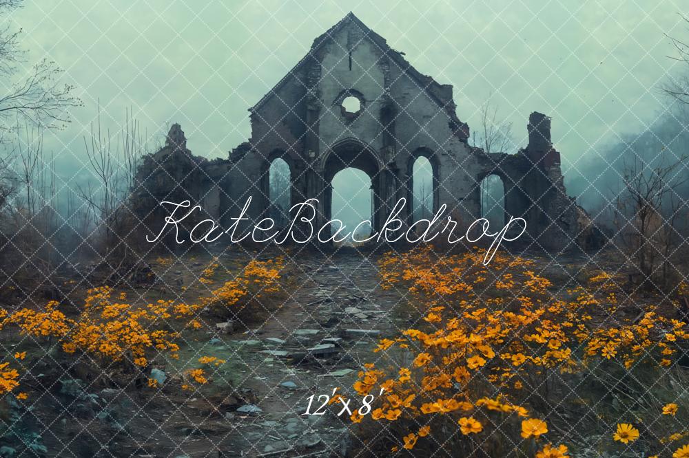 Kate Ruine Gelbe Blumen Nebel Fleece Hintergrund Entworfen von Emetselch - Kate Backdrop.de