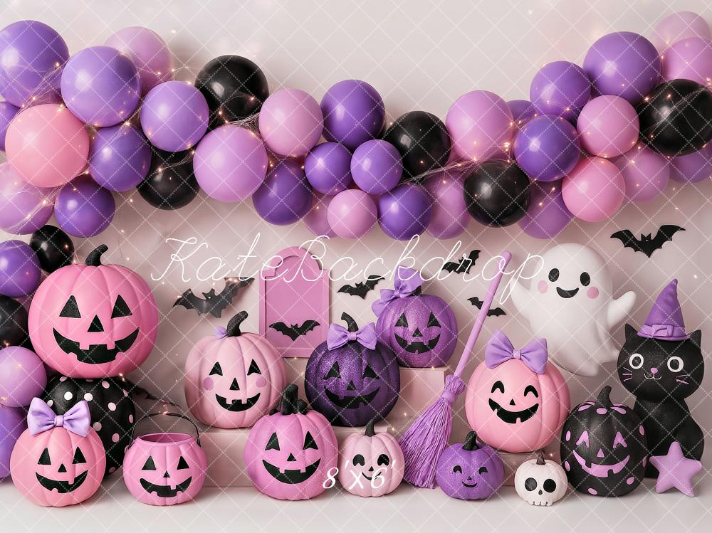 Kate Halloween Kürbisse Ballons Lila Hintergrund Entworfen von Ashley Paul - Kate Backdrop.de