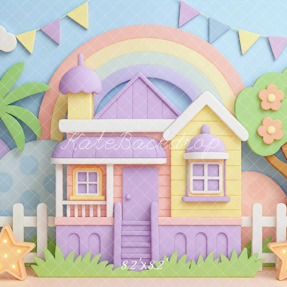 Kate Regenbogen Haus Palmen Pastell Hintergrund Entworfen von Mini MakeBelieve - Kate Backdrop.de