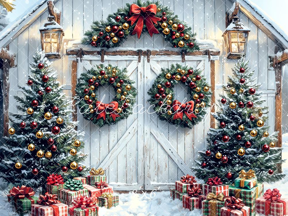 Kate Weihnachten Scheune Geschenke Kranz Hintergrund Entworfen von Mini MakeBelieve - Kate Backdrop.de