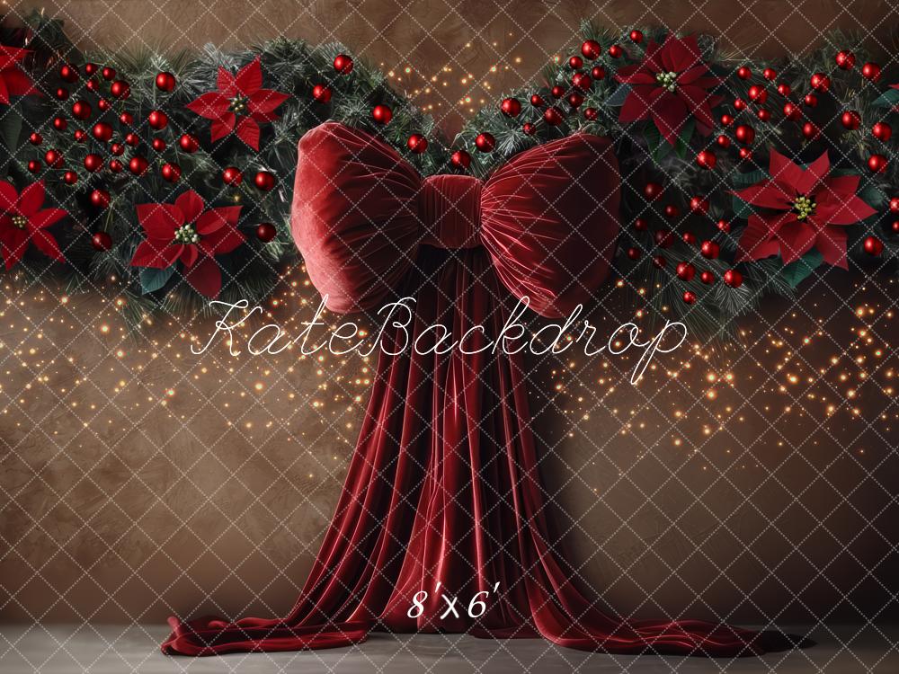 Kate Weihnachten Rote Schleife Tannenzweige Braun Hintergrund Entworfen von Mini MakeBelieve - Kate Backdrop.de