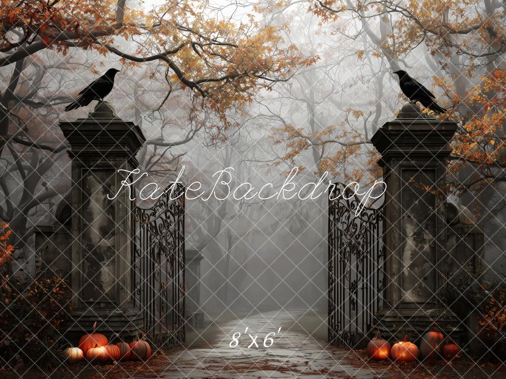 Kate Halloween Tor Rabe Kürbis Nebel Hintergrund Entworfen von Patty Roberts - Kate Backdrop.de