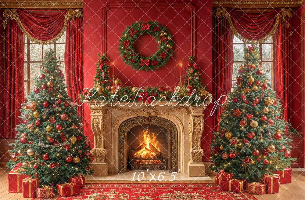 Kate Weihnachten Kamin Tannenbaum Rot Hintergrund Entworfen von Emetselch - Kate Backdrop.de