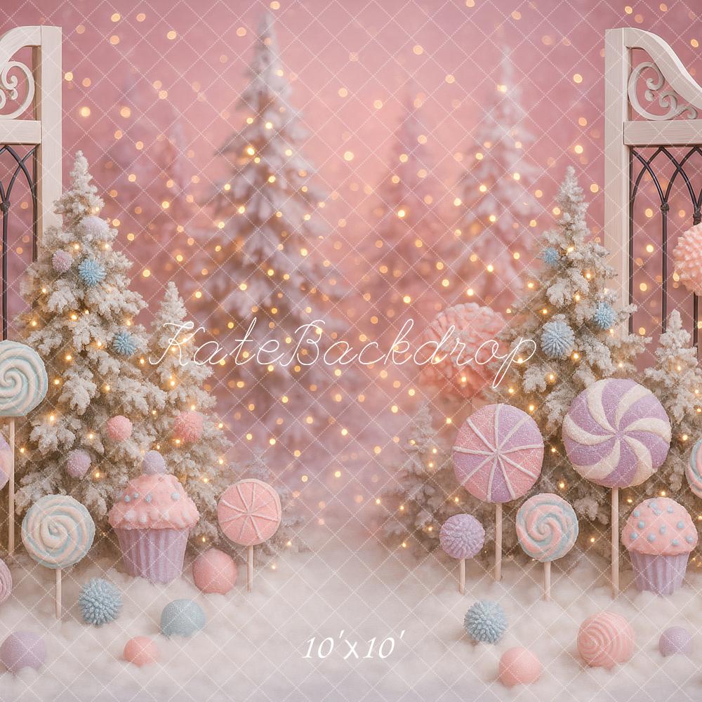 Kate Weihnachten Süßigkeiten Tannen Rosa Hintergrund Entworfen von Ashley Paul - Kate Backdrop.de