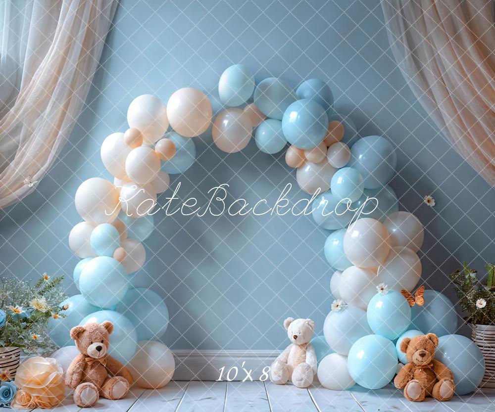 Kate Geburtstag Ballonbogen Teddybären Blau Hintergrund Entworfen von Emetselch - Kate Backdrop.de