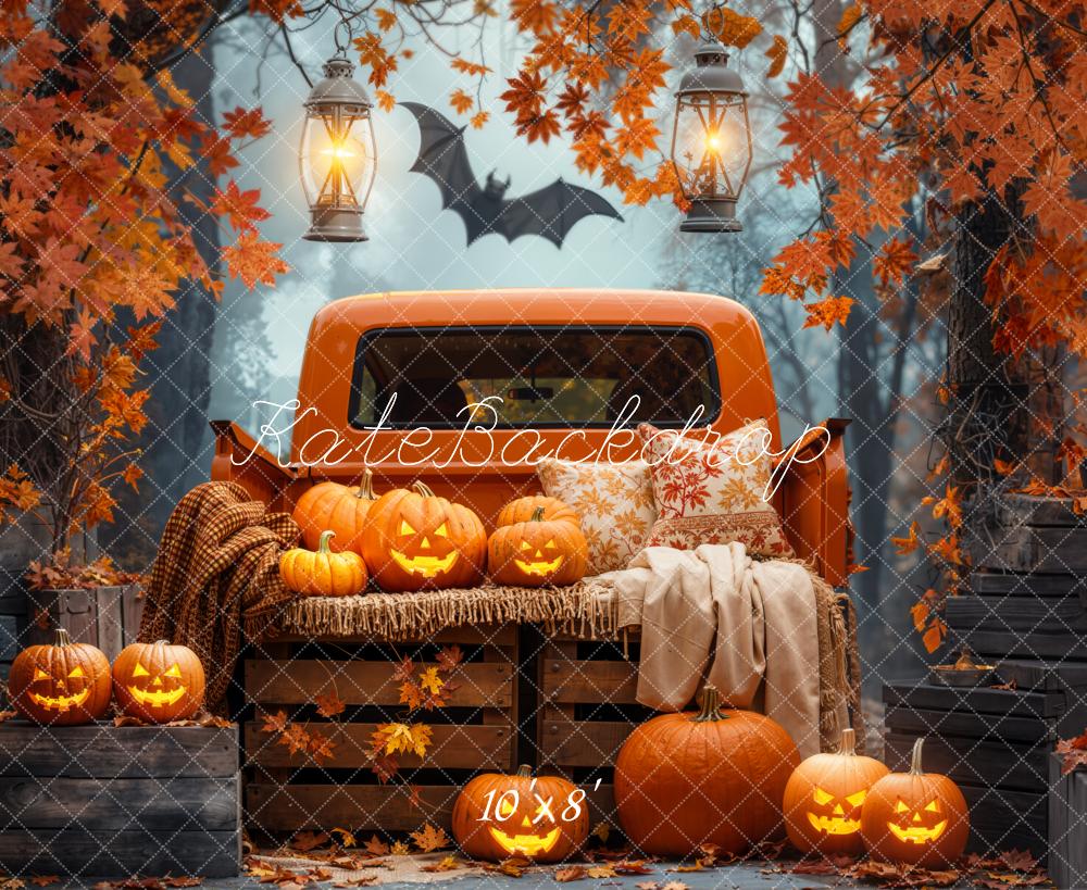Kate Halloween Kürbisse Pickup Herbstlaub Fleece Hintergrund Entworfen von Emetselch - Kate Backdrop.de