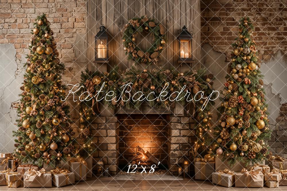 Kate Weihnachten Kamin Weihnachtsbäume Rustikal Fleece Hintergrund Entworfen von Emetselch - Kate Backdrop.de