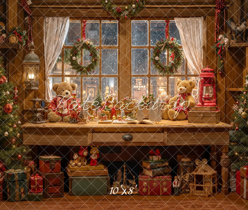 Kate Weihnachten Fenster Teddybär Holz Fleece Hintergrund Entworfen von Emetselch - Kate Backdrop.de