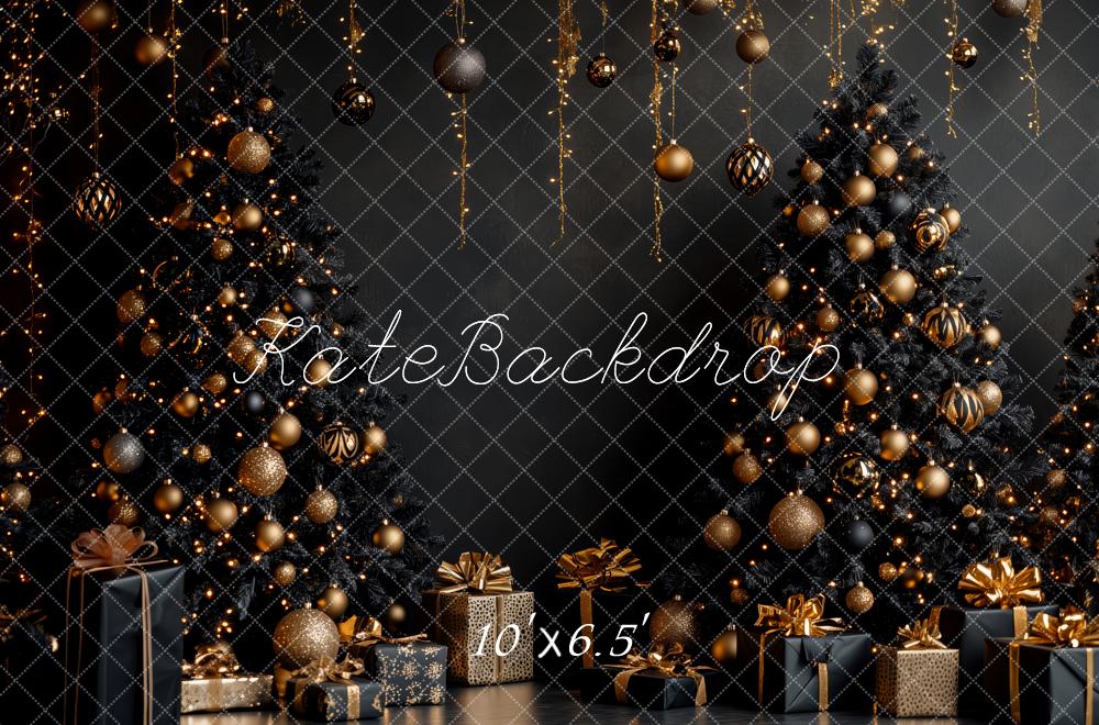 Kate Weihnachten Schwarze Bäume Gold Dekoration Hintergrund Entworfen von Patty Roberts - Kate Backdrop.de