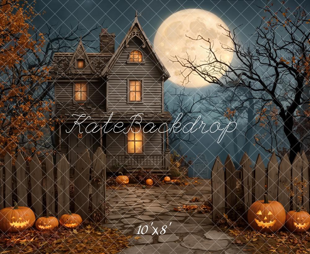 Kate Halloween Spukhaus Kürbis Vollmond Fleece Hintergrund Entworfen von Emetselch - Kate Backdrop.de