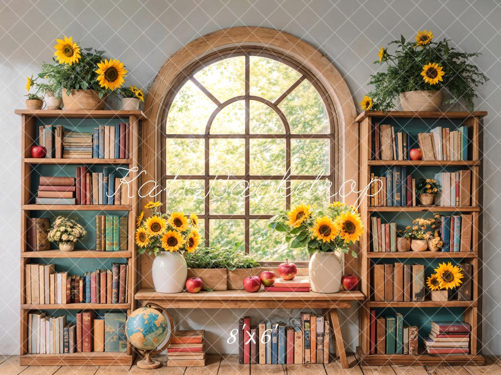 Kate Zurück Zur Schule Bücherregal Sonnenblumen Holz Hintergrund Entworfen von Emetselch - Kate Backdrop.de