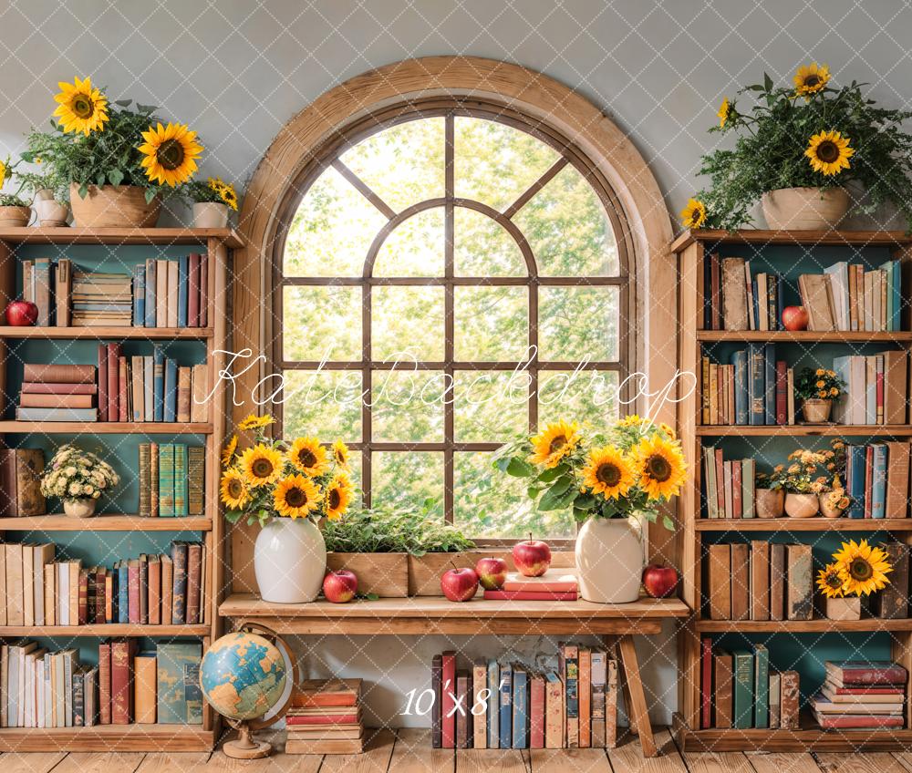 Kate Zurück Zur Schule Bücherregal Fenster Sonnenblumen Fleece Hintergrund Entworfen von Emetselch - Kate Backdrop.de