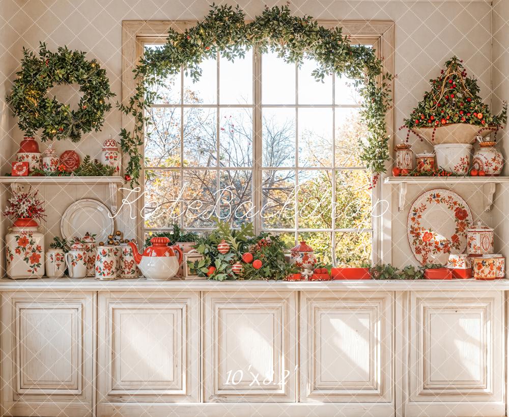 Kate Weihnachten Fenster Kranz Geschirr Hintergrund Entworfen von Emetselch - Kate Backdrop.de