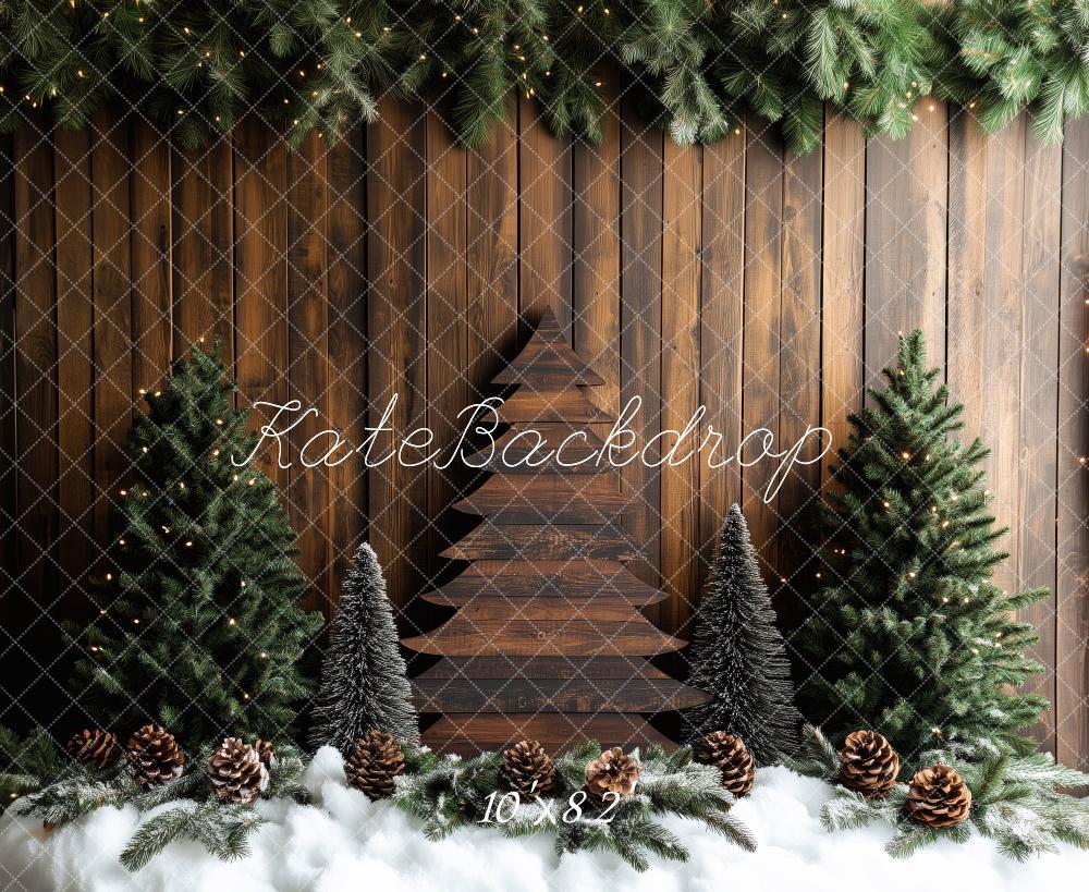 Kate Weihnachten Holz Tannen Schnee Braun Hintergrund Entworfen von Patty Roberts - Kate Backdrop.de