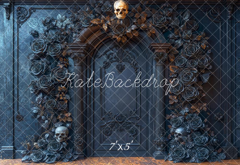 Kate Halloween Schädel Rosen Barock Dunkelblau Hintergrund Entworfen von Emetselch - Kate Backdrop.de