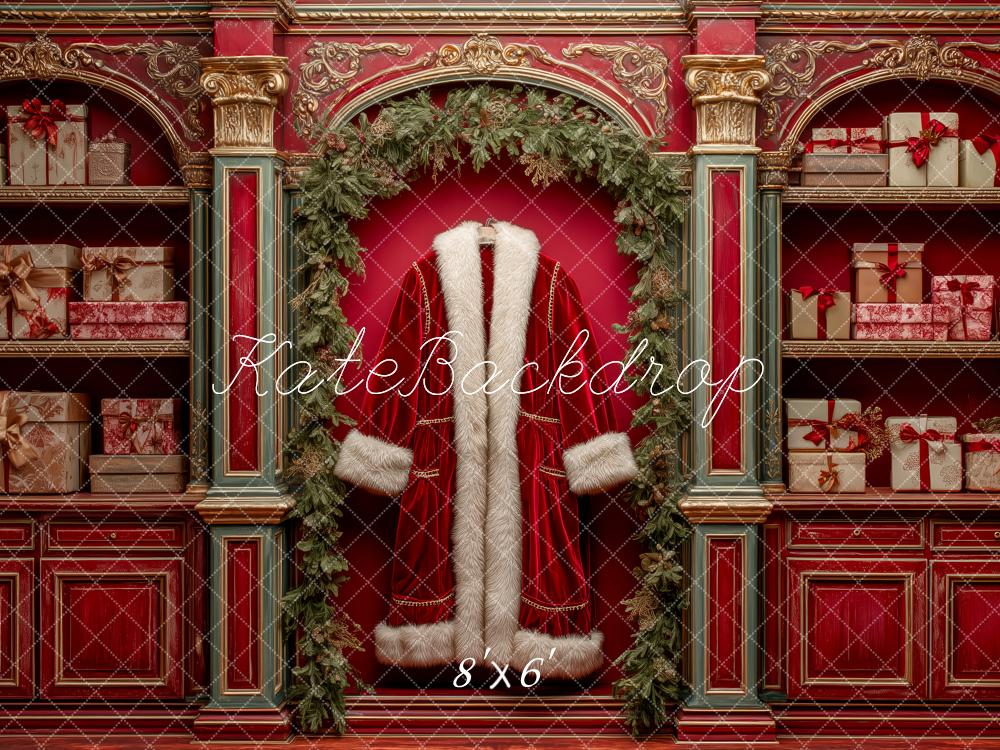 Kate Weihnachten Geschenkregal Santa Mantel Rot Hintergrund Entworfen von Patty Roberts - Kate Backdrop.de