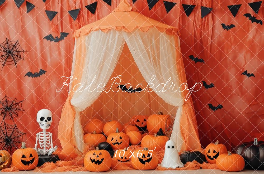 Kate Halloween Kürbisse Fledermäuse Orange Hintergrund Entworfen von Patty Roberts - Kate Backdrop.de