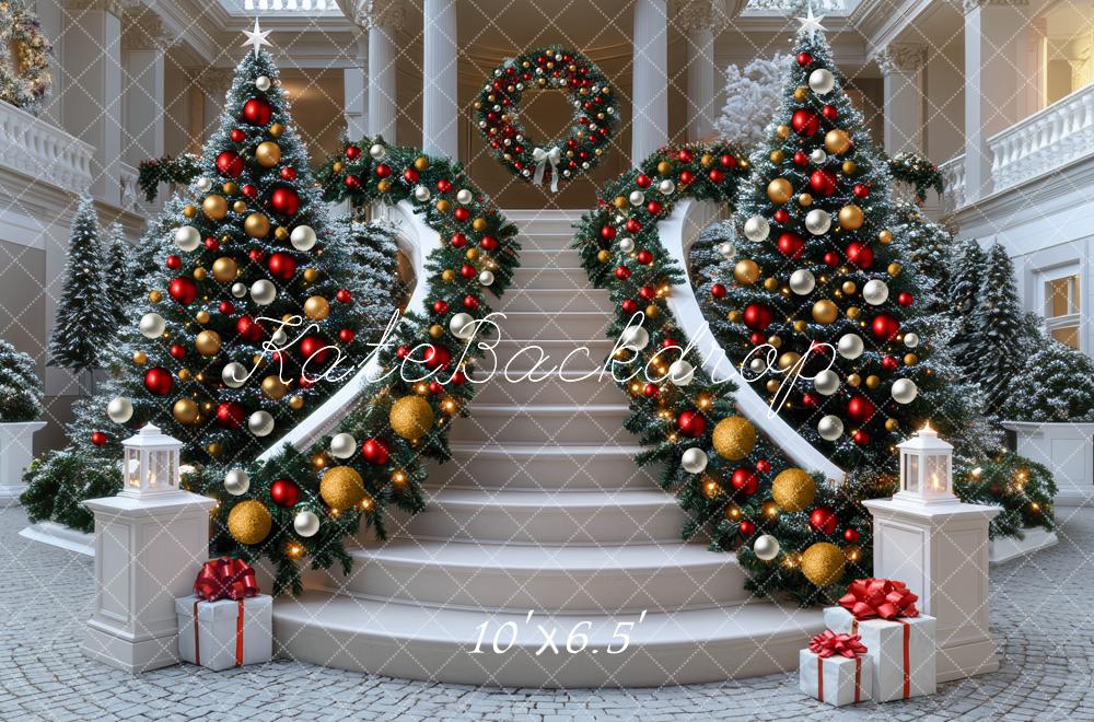 Kate Weihnachten Treppe Weihnachtsbaum Geschenke Hintergrund Entworfen von Mini MakeBelieve - Kate Backdrop.de