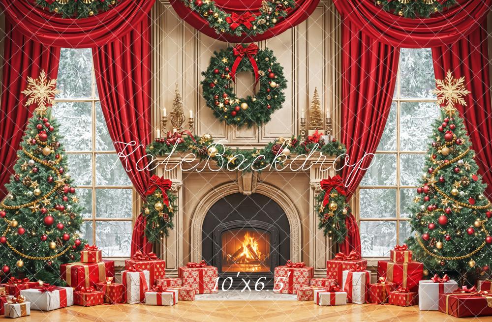 Kate Weihnachten Kamin Weihnachtsbaum Rot Fleece Hintergrund Entworfen von Emetselch - Kate Backdrop.de