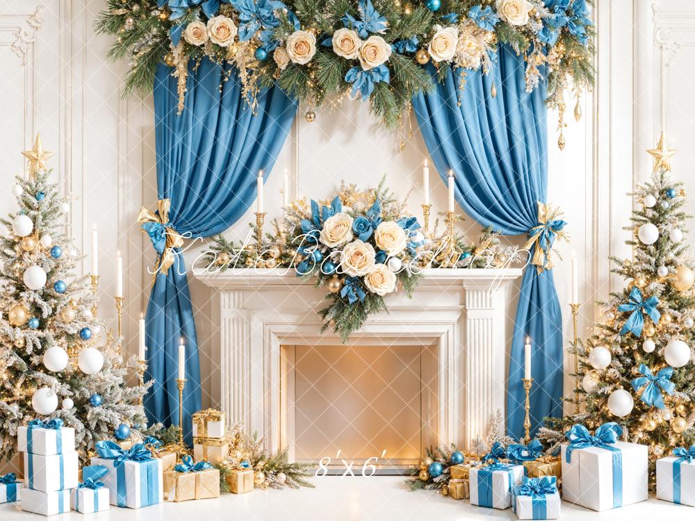 Kate Weihnachten Kamin Geschenke Blau Gold Hintergrund Entworfen von Emetselch - Kate Backdrop.de