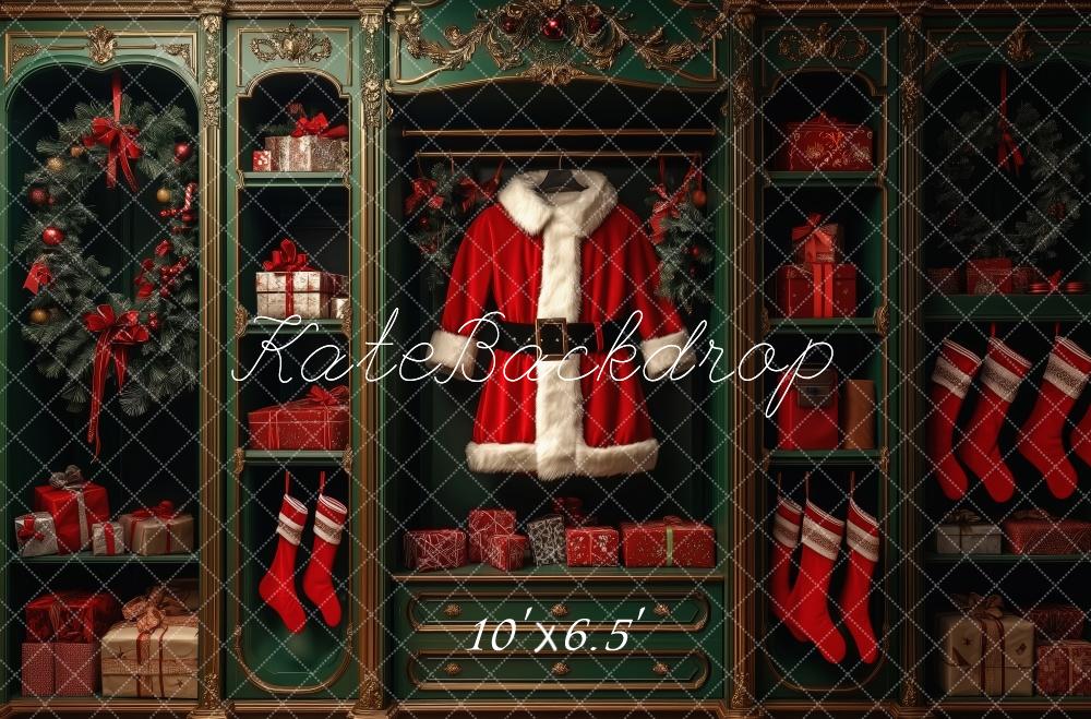 Kate Weihnachten Santa Kostüm Geschenke Regal Hintergrund Entworfen von Patty Roberts - Kate Backdrop.de