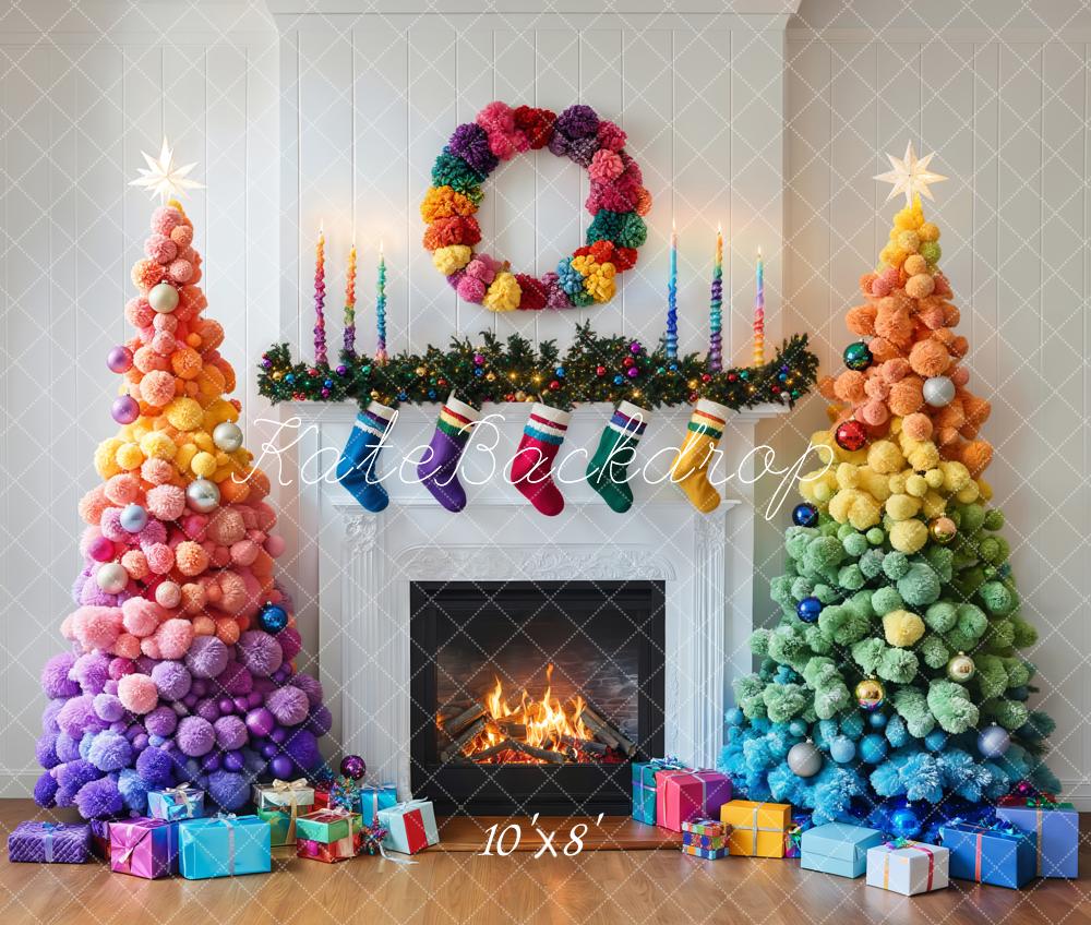Kate Weihnachten Regenbogen Weihnachtsbäume Kamin Fleece Hintergrund Entworfen von Emetselch