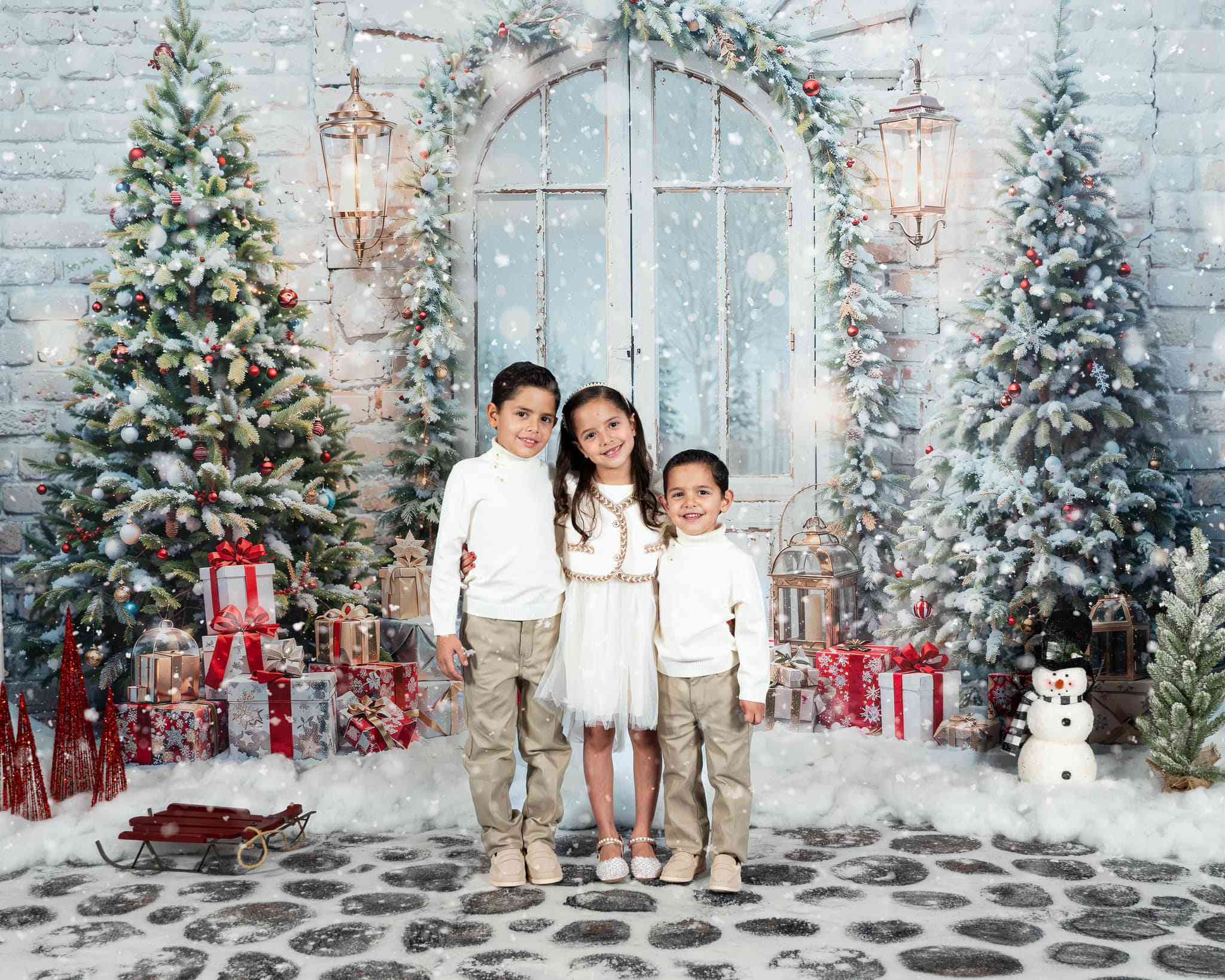 Kate Weihnachten Schnee Baum Tür Hintergrund+Cobblestone Winter Schnee Weihnachten Boden Hintergrund - Kate Backdrop.de