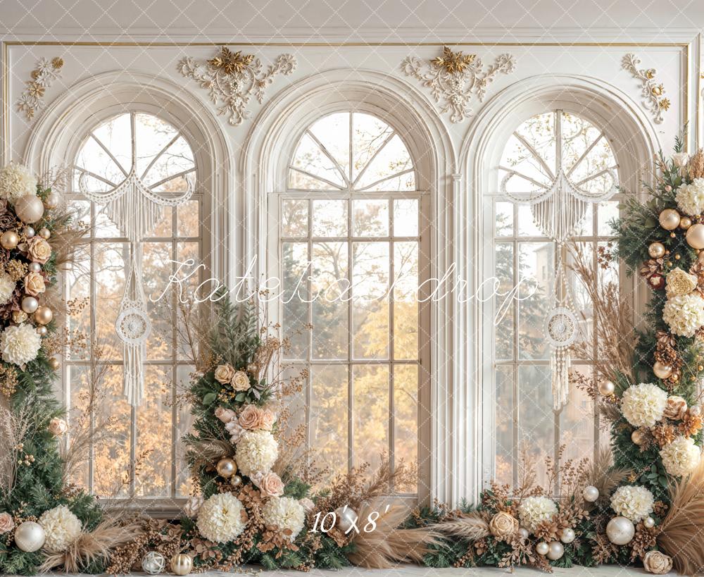 Kate Weihnachten Fenster Blumen Gold Fleece Hintergrund Entworfen von Emetselch - Kate Backdrop.de