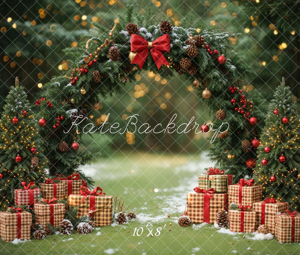 Kate Weihnachten Geschenkstapel Tannenbogen Wald Fleece Hintergrund Entworfen von Emetselch - Kate Backdrop.de