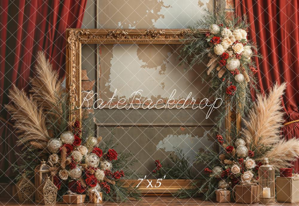 Kate Weihnachten Goldrahmen Pampasgras Vintage Hintergrund Entworfen von Emetselch - Kate Backdrop.de