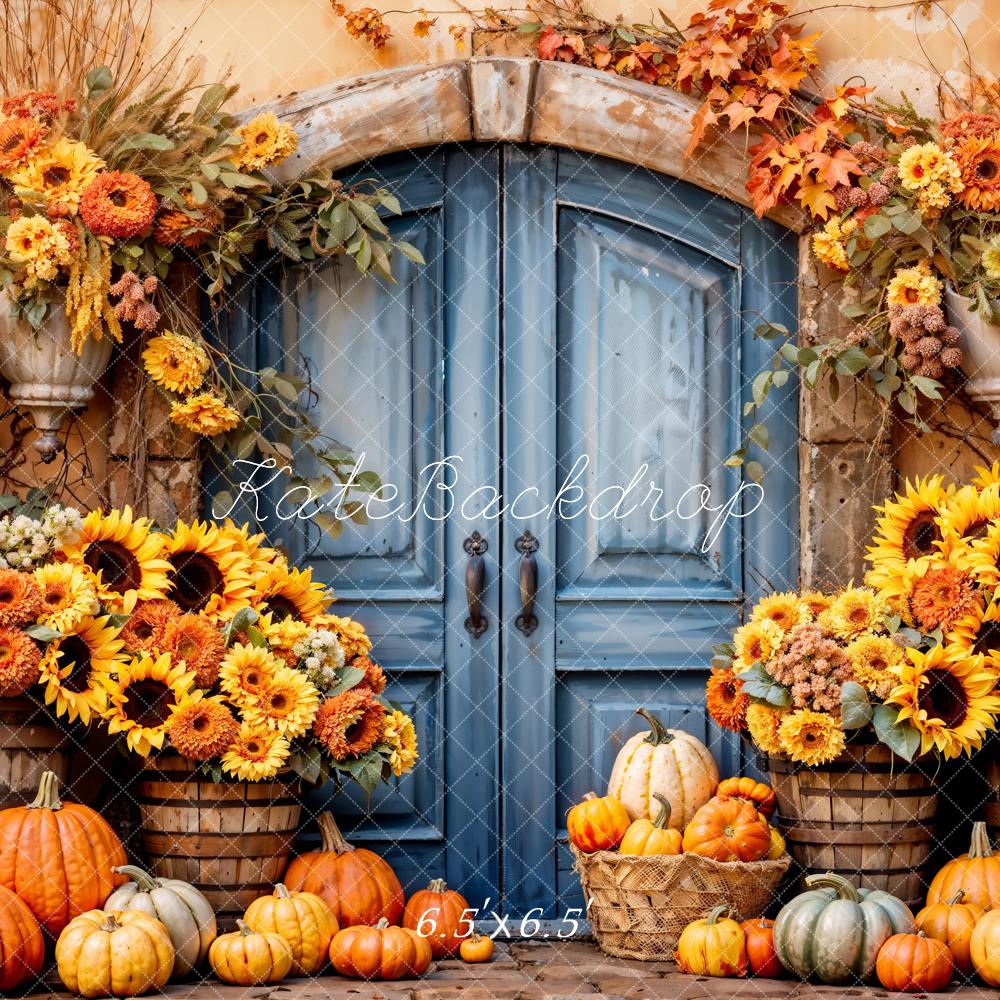 Kate Herbst Kürbis Sonnenblumen Blaue Tür Hintergrund Entworfen von Emetselch - Kate Backdrop.de