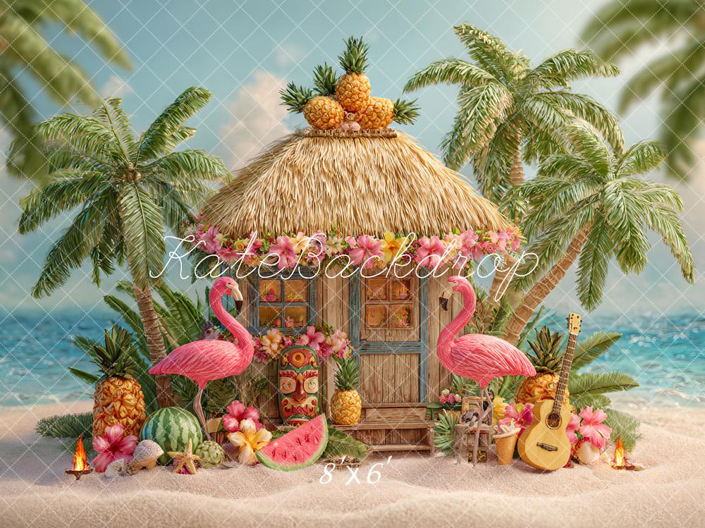 Kate Sommer Strandhütte Palmen Flamingos Hintergrund Entworfen von Ashley Paul - Kate Backdrop.de