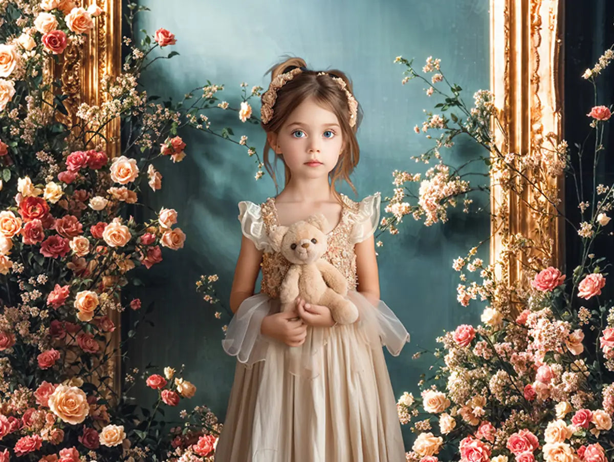 Kate Vintage Bunte Blumen Golden Rahmen Dunkelgrüne Vorhang Wand Hintergrund Entworfen von Emetselch - Kate Backdrop.de