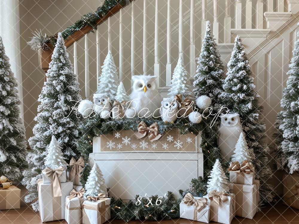 Kate Weihnachten Schnee Eulen Tannen Weiß Hintergrund Entworfen von Mini MakeBelieve - Kate Backdrop.de