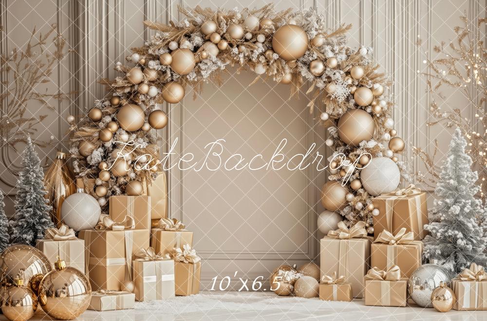 Kate Weihnachten Blumenbogen Geschenke Gold Hintergrund Entworfen von Patty Roberts - Kate Backdrop.de
